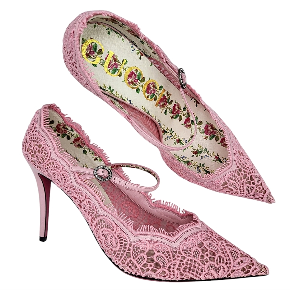 Gucci Virginia Crystal Embellished Corded Lace Mary Jane Pumps Pale Pink 40.5 - Picture 13 of 14